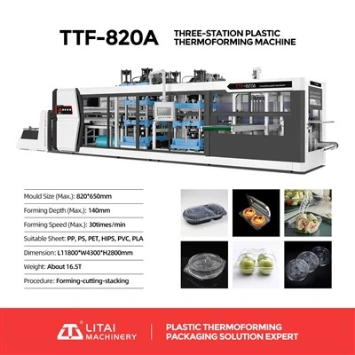Tri-postajni stroj za termooblikovanje plastičnih pladnjev
